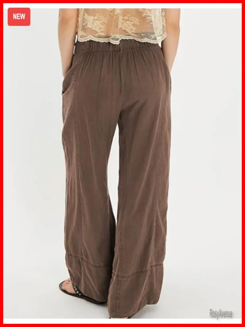 Wide Leg Linen Blend Pants Elastic Waist Palazzo Pockets Summer Boho Beach